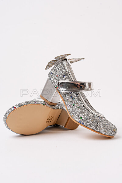 p papuccum ortopedi çocuk ayakkabıları Kız Çocuk Gümüş Kelebekli Topuklu Abiye Ayakkabı