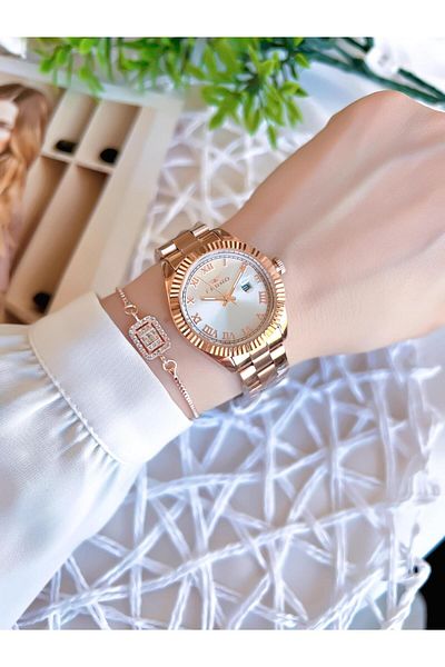 FERRO Rose/Gold Color with Calendar Anti-tarnish Color Throw 3 Atm Special Design Women's Wristwatch EFL21295C