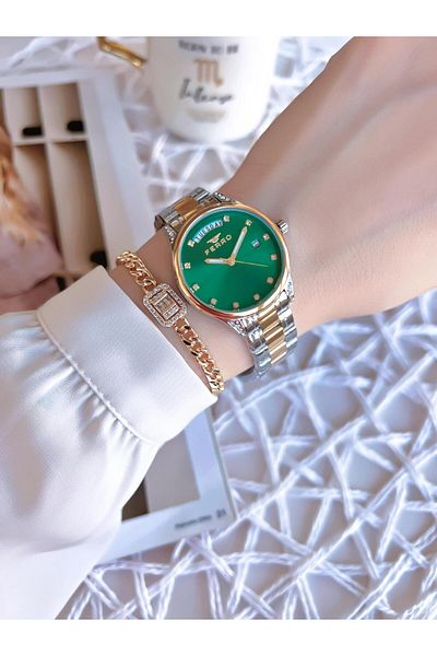 FERRO Gold/Silver Color with Calendar Non-Tarnish Color-Tossing 3 Atm Special Design Women's Wristwatch EFL21439D6