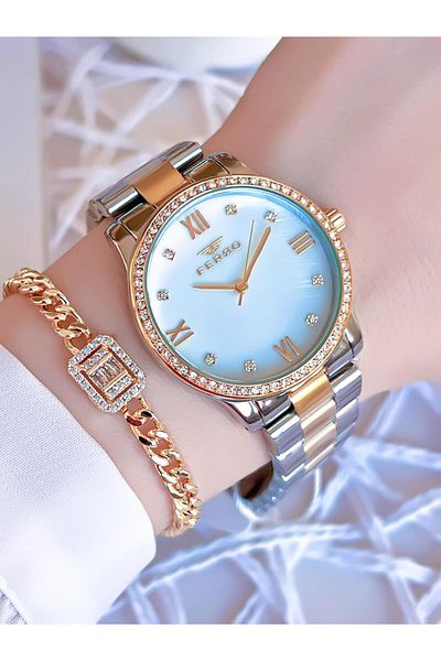 FERRO Gold/Silver Color Non-Tarnish Color-Throw 3 Atm Special Design Women's Wristwatch EFL21286D