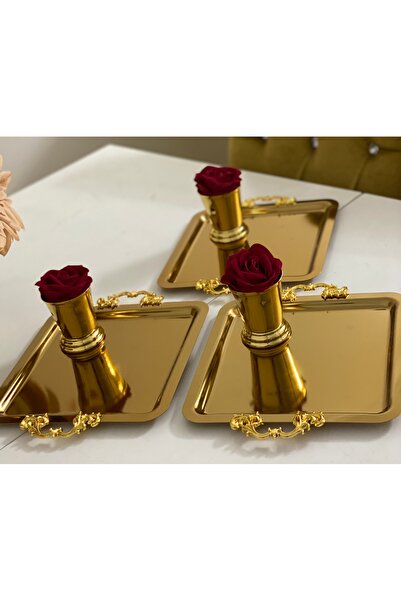 Elzemm store İKİ MODEL GOLD KARE TEPSİ VE GOLD GÜL KOVASI 3 LÜ GÜL DAHİL