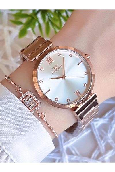 FERRO Rose/Gold Color Non-Tarnish Color-Toss 3 Atm Special Design Women's Wristwatch EFL21241C