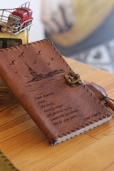 zarif atölye Genuine Handmade Leather Notebook with Istanbul Maiden's Tower Detail