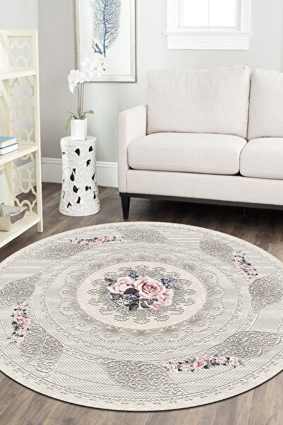 MUA HOME DECOR Çiçek Desenli Yuvarlak Dijital Baskı Yıkanabilir Kaymaz Taban ...