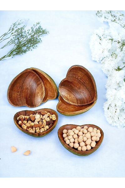 AHİR TİCARET Acacia-Wood-Bamboo Heart Snack Bowl and Sauce Bowl 6 Pieces