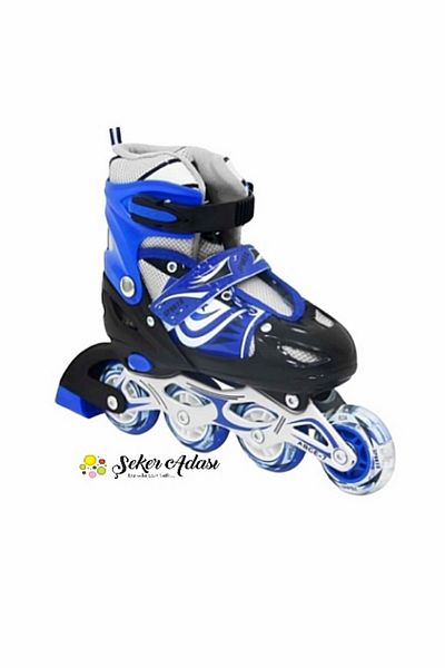 Şeker Adası Blue Children's Lighted Silicone Skate - Adjustable Caster and Metal Body Numbered