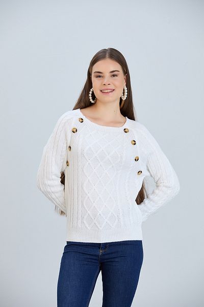 hanope Pulover alb de tricotaje de damă, tricot de păr, cu model, cu nasturi