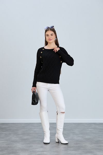 hanope Pulover de damă, tricot cu gât de barcă, cu model, cu nasturi, tricotaje negru