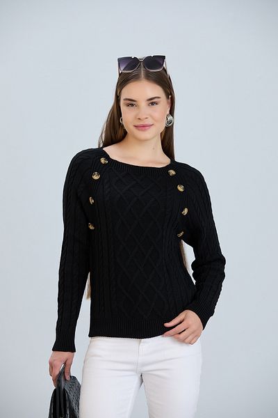hanope Pulover de damă, tricot cu gât de barcă, cu model, cu nasturi, tricotaje negru