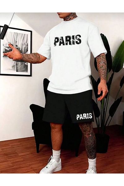 TRENDKOLİK Trendkolik - Paris Printed, Men's, New Season T-shirt and Shorts Set