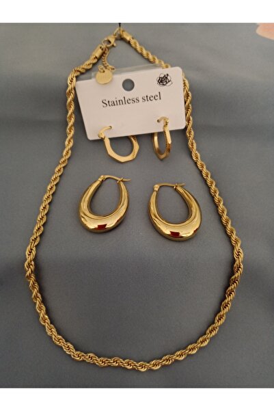 KobalBusiness Çelik set- gold 45cm burgu 3mm zincir beşgen 3cm klipsli küpe+ ...