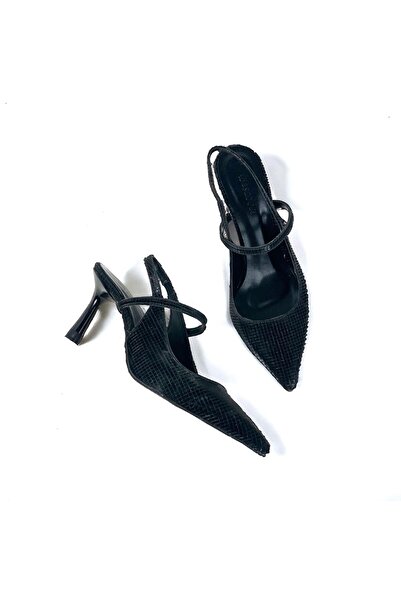 bescobel Kadın Olvan Siyah Sedef Ince Topuk Ayakkabı Sandalet 7 Cm Topuk 608