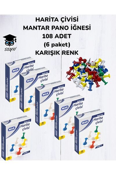 SEYFİKİRTASİYE MAP NAIL Cork Board Needle 108 PCS (6 packs) MIXED COLOR