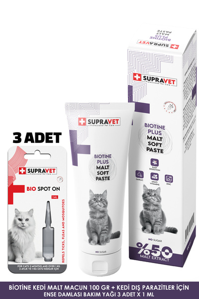 Supravet Biotine Kedi Malt Macun 100 Gr +Kedi Dış Parazit Bakım Yağı Damlası ...