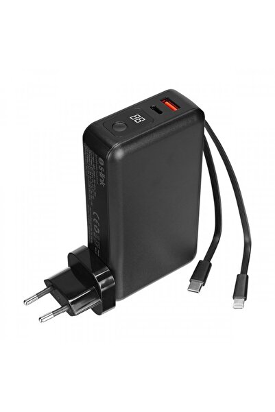 S-LINK G225 20000mAh Lightning+Type-C Kablolu Powerbank Siyah PD22.5W LCD AC Prizli Taşınabilir Pil
