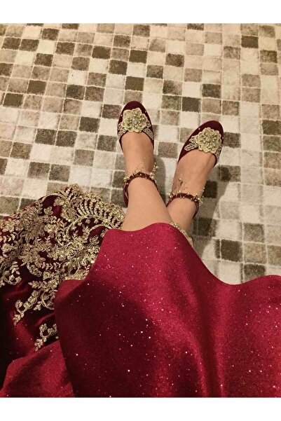 LİNEER Kadın Bordo Renk Dantelli Rahat 5 Cm Kalın Topuklu Abiye Kına Gelin Ayakkabısı