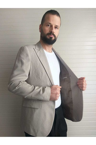 Nokta Moda Férfi blézerkabát, olasz stílusú, karcsúsított, csúcsos gallér, egyszemélyes, 6 leejtős öltöny, Konbin gyártmány