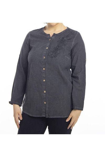 AKŞEN GİYİM Large Size Scallop Lace Detailed Washed Cotton Linen Authentic Folded Sleeve Shirt