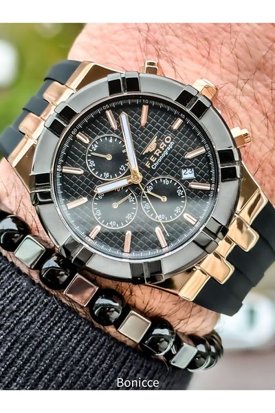FERRO Brand Black Color, Silicone Cord, Sports Men's Wristwatch Bracelet with Active Calendar Functions
