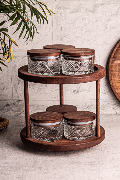 Snippy Tomby Milla - 7-Piece Glass Storage Container with Wooden Rotating Stand and Vacuum Lid Spice Bowl Set 235 ml