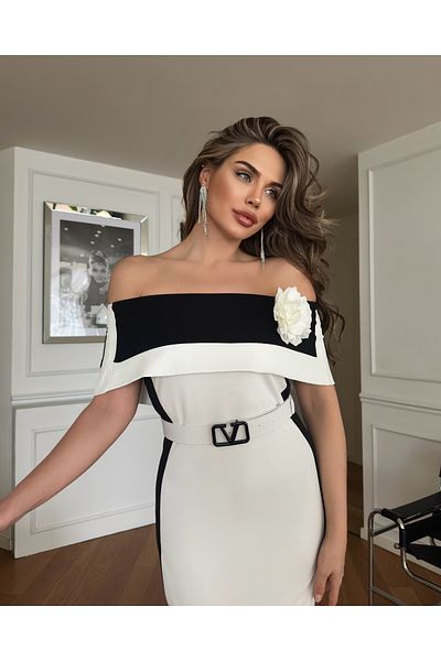 1Moda1Tarz Γυναικείο φόρεμα από λευκό κρεπ ύφασμα Carmen με επένδυση ζώνης με λεπτομέρεια σχεδιαστή