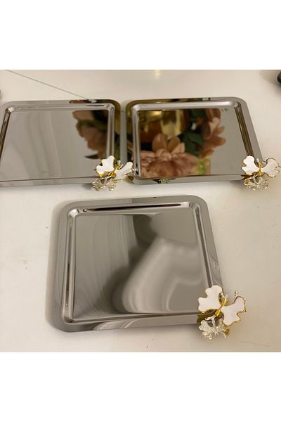 Elzemm store STAINLESS STEEL SQUARE 6-PIECE PRESENT TABLE WITH WHITE BUTTERFLY ACCESSORY