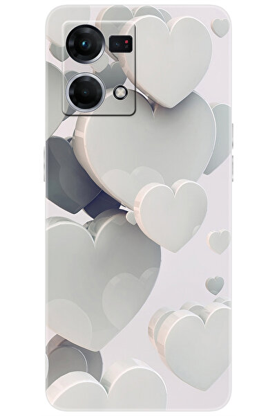 OPPO Reno 7 (CPH2363) Uyumlu Kılıf Desen Baskılı Silikon Beyaz Kalpler STK:25...