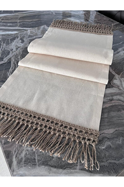ZÜMAL El Örgüsü Makrome Keten Kumaş Runner 40 cm x 130 cm (Renk VİZON)