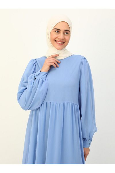 Benin Balloon Sleeve Lined Chiffon Hijab Dress - Blue - Benin