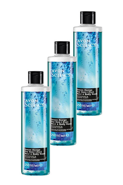 AVON Senses Ocean Surge Nane ve Deniz Kokulu Saç ve Vücut için Erkek Duş Jeli 250 Ml. Üçlü Set