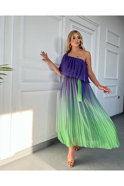 1Moda1Tarz فستان نسائي من قماش الشيفون الملون بنمط ربطة عنق وحزام كتف واحد مبطن من الداخل