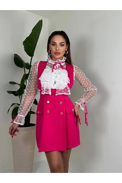 1Moda1Tarz Rochie de damă din crepon roșu și din șifon, cu detaliu panglică, cu guler midi, cu accesorii