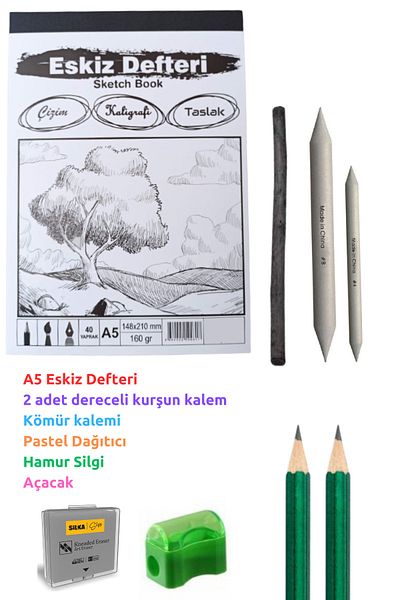 O&S Oyun ve Sanat Eğlen-Üret Sketching Set, Sketching Starter Set, Notebook, Charcoal Pencil, Pastel Dispenser, Dough Eraser..
