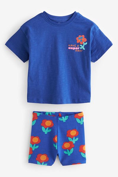 Next Baby Blue Orange Floral Patterned 2-Piece Cotton Set - Short Sleeve and Tights