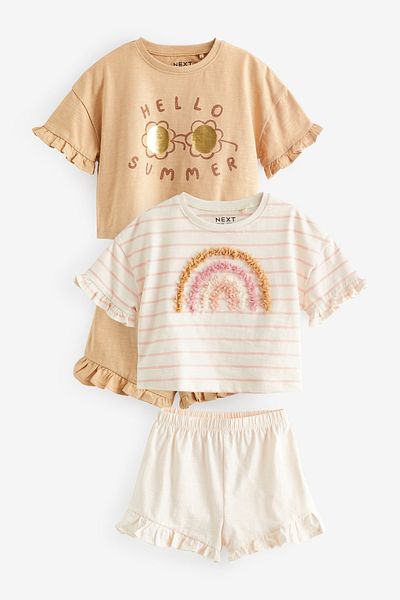 Next Baby Cotton Cream Coffee Short Sleeve Shorts 2-Piece Bottom Top Set