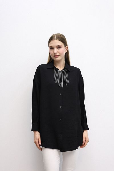 MD trend Cămașă oversize cu guler și lanț pentru femei