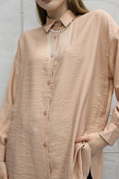 MD trend Women's Collar Chain Detailed Oversize Shirt