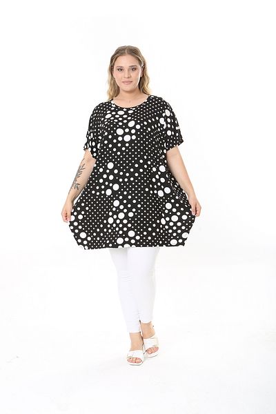 XL Modam WOMEN'S LARGE SIZE LYCRAL BLACK AND WHITE CIRCLE PATTERNED WITH SIDE SLIT TUNIC