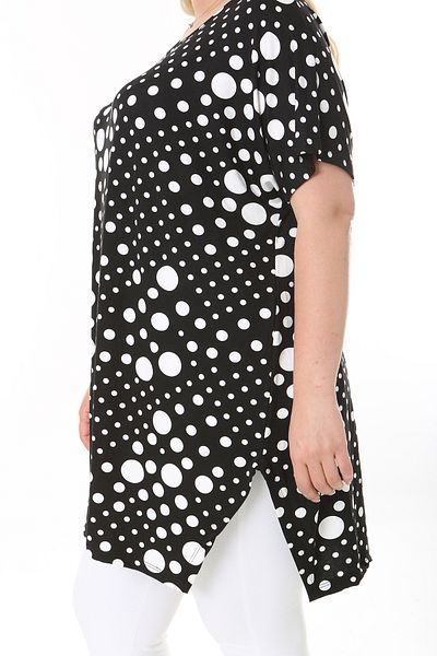 XL Modam WOMEN'S LARGE SIZE LYCRAL BLACK AND WHITE CIRCLE PATTERNED WITH SIDE SLIT TUNIC