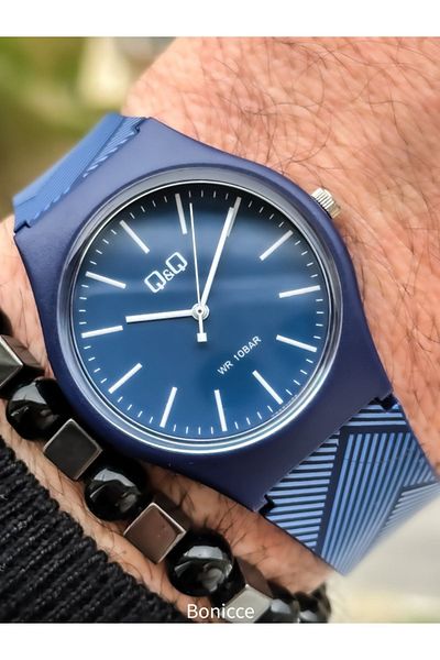 Q&Q Navy Blue Colored Silicone Cord 10 Bar Men's Wristwatch and Bracelet Gift