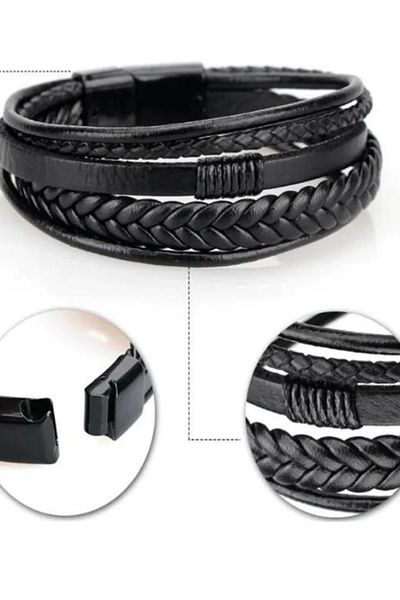 Erdem Men's Genuine Leather Braid Magnetic Buckle Braided Bracelet