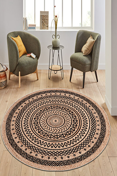MUA HOME DECOR Jüt Görünümlü Hasır Desenli Yuvarlak Dijital Baskı Yıkanabilir Salon Mutfak Banyo Balkon Ofis Halısı
