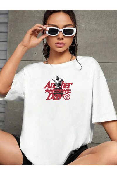 Boi Another Awesome Day Design Printed Unisex Oversize Πολύχρωμο T-shirt - Ασπρόμαυρο φαρδύ μπλουζάκι
