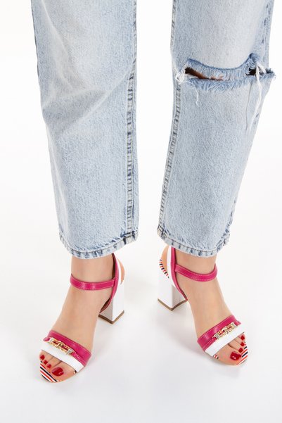 L&L Stoned Front Thick Heeled Orthopedic Padded Women's Shoes Sandals