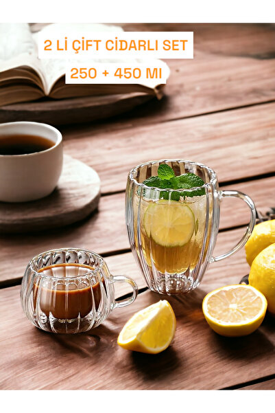 Ercazzo 2'li Çift Cidarlı Çift Camlı 450+250 ml Isıya Dayanıklı Cam Bardak Ka...