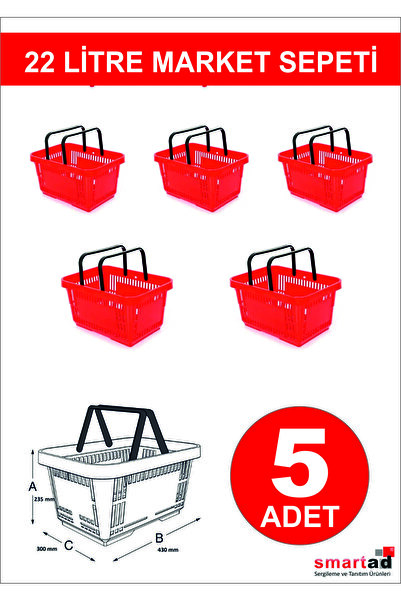 Modern Raf 22 Litre 5 Adet Market Sepeti, Alışveriş Sepeti, Saplı Market Sepe...