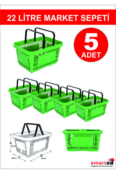 Modern Raf 22 Litre 5 Adet Market Sepeti, Alışveriş Sepeti, Saplı Market Sepe...
