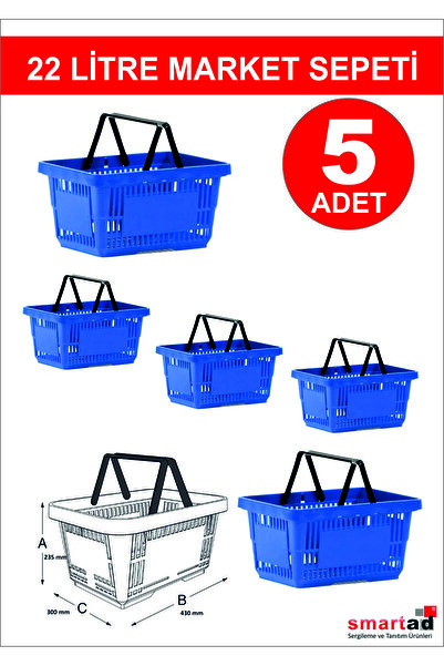 Modern Raf 22 Litre 5 Adet Market Sepeti, Alışveriş Sepeti, Saplı Market Sepe...