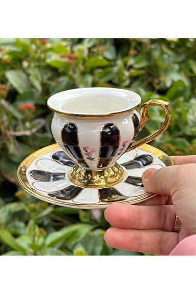 Onedekor 6-Piece Piano Black Rose Porcelain Coffee Cup Gold