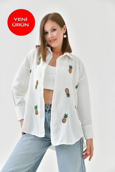 Perryes Women's Pineapple Pattern Sequin and Embroidery Embroidered Cotton Flame Shirt Ecru